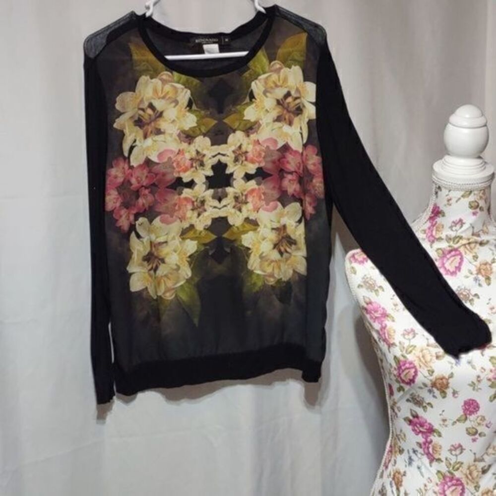 Black‎ Long Sleeve Floral Design Crew Neck Top  Sz M